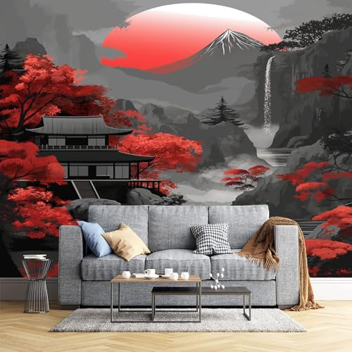 JEDTAKCT Fototapete Ahornbaum Tempel 3D Effekt Japanischer Stil Fujisan 300X210Cm - Für Schlafzimmer Wohnzimmer Flur Seide Tapete Wandtapete Bildtapete Motivtapeten