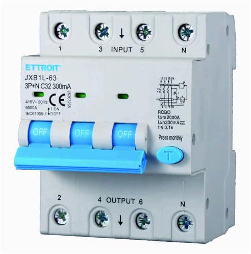 Interruttore magnetotermico differenziale salvavita, 3P+N, occupa 4 moduli DIN, 380V 415V, 32A C32, 300mA, 6KA 6000A, RCBO, classe A