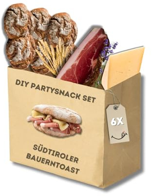 BAVAREGOLA Südtiroler Bauerntoast – Partysnack-Set mit 6 Vinschgauer Broten, 200g Südtiroler Speck g.g.A. & 250g Bauernkäse – Original Südtiroler Spezialitäten für Genießer