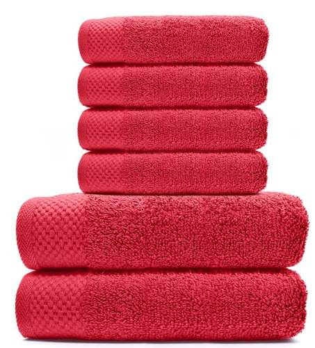 HIPERMANTA Toallas Hotel Pack de Toallas 6 Unidades Algodon. 500 gr/m2. (4 Toallas Lavabo 50x90 y 2 Ducha 70x140) Rizo Americano. Muy Suaves y Resistentes. Color Rojo