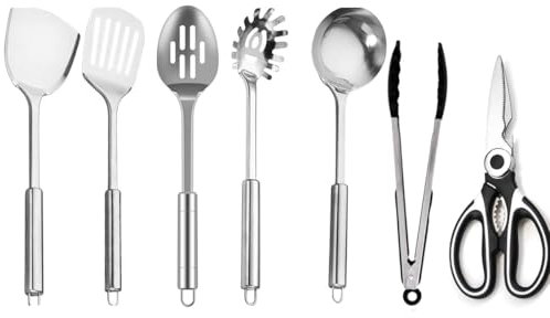 Stainless Steel Kitchen Utensils Set 7 Pieces Premium Nonstick & Heat Resistant Gadgets, Cooking Utensils Set - Spoons Turners Spatula Ladle Scissors Set