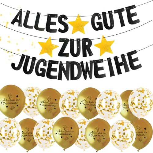 Jugendweihe Deko，Alles Gute zur Jugendweihe Girlande, Schwarzes Gold Girlande,Banner Jugendweihe. (1) (Jugendweihe Dekoration Set)