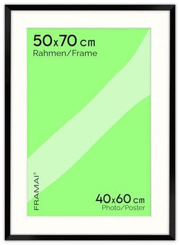 FRAMAI Bilderrahmen [SIZE] – mit Passepartout – MDF Holzrahmen, bruchsicheres Plexi, umweltfreundlich, mit Aufhängung & Ständer – Hochformat & Querformat (Schwarz, 50x70)