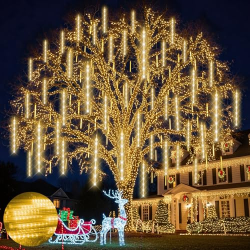 Ehomfory Outdoor Christmas Lights 15 Tubes 540 LED Meteor Shower Lights Waterproof Energy Saving Safe Christmas Lights Outdoor Christmas Decorations for Xmas Tree Halloween Party, Warm White