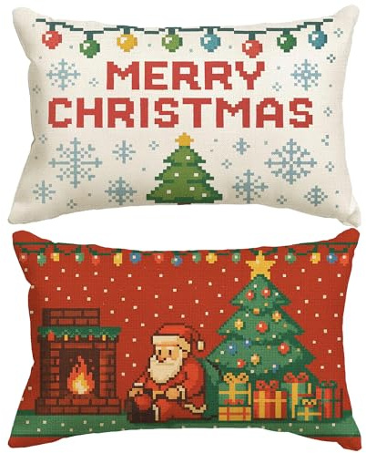 HONHHUO Weihnachten Kissenhüllen 30x50 2er Set – Leinen Kissenbezüge im Pixel-Art Stil mit Weihnachtsmann & Weihnachtsbaum, Retro Deko für Sofa & Wohnzimmer, Festliche Geschenkidee zur Weihnachtszeit