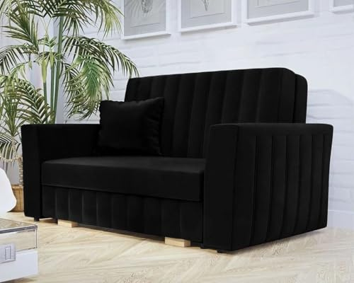 Agritrade AK Viva Glam II 2 Seater Sofa Bed with Storage Modern Design Sinuous Springs Solid Wooden Legs Black