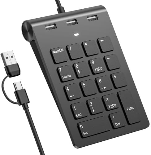 Rytaki Pro Tastierino Numerico 2-in-1 con Hub USB, Tastierino Numerico USBC e USB con 3 Porte USB 2.0, Numpad Cablato Ergonomico 15° per Laptop/iPad/Mac/PC/Windows/macOS, Plug and Play Nero