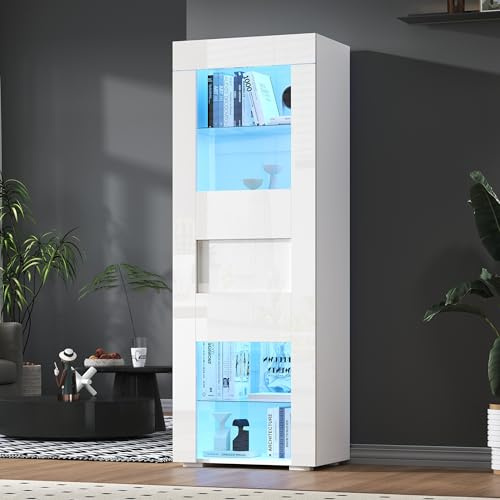 Wiuzo 60x40x170cm Schrank,Vitrine ausSchranktür aus Acryl, Vitrine Hochglanz Lagerschrank mit LED-Beleuchtung, 2 Glasboden, Highboard, Wohnzimmerschrank, Aufbewahrungsschrank, Hochschrank,Weiß