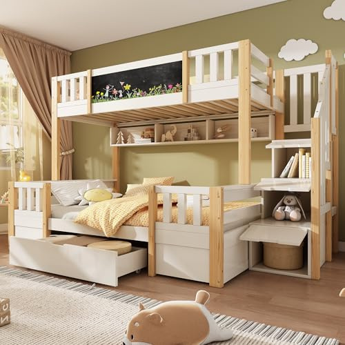 Zravenna Hochbett Etagenbett 2 Kinder 90x200cm+140x200cm, Kinderbett mit Rausfallschutz, Tafel und Stauraumtreppe, unteres Bett mit Schublade und dreigeteilter offener Stauraum (B-Weiß+Natur)