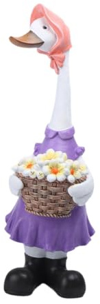 Ronyme Statue de Canard deJardin en Résine, Décoration Extérieure Moderne Blanche, Figurine Animale avec Panier Fleurs, Sculpture Humoristique pour Terrasse, Cour ou Pelouse, 30cm, Canard Femelle