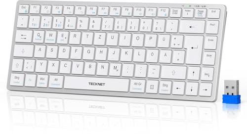 TECKNET Bluetooth Tastatur Kabellos (BT5.0+2.4G) Wiederaufladbares | Funktastatur mit 4 Kanälen, Ultraslim Mini Tastatur Leise Scherentastatur für PC, Laptop, Tablet-QWERTZ Layout