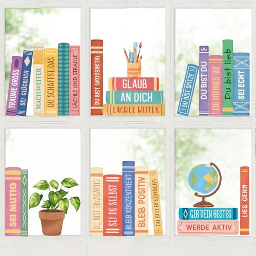 COMOOKA 8 Bögen Einschulung Fensterbilder Selbstklebend mit Bücher Motiven | Statisch Haftende Fensterbilder Schulanfang mit Inspirierenden Sprüchen, Einschulung Fensterdeko für Schuleinführung Deko