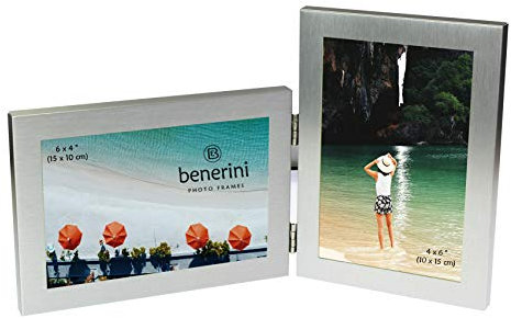 benerini Brushed Aluminium Satin Silver Colour Twin 2 Picture Double Folding Photo Frame Gift - Takes 2 Standard 6 x 4 inch photographs (1 Landscape and 1 Portrait Style)