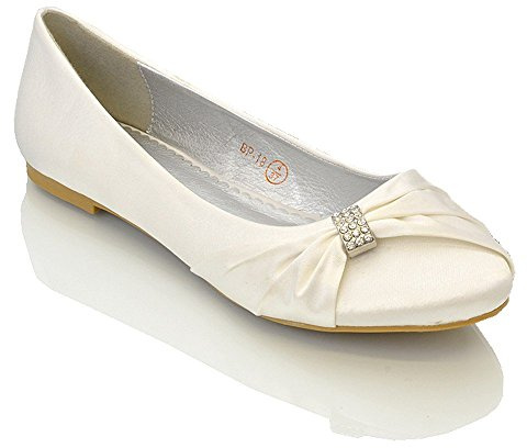 ESSEX GLAM Womens Bridal Wedding Satin Pumps Ladies Slip ON Prom Bridesmaid Pumps Shoes Size 3 4 5 6 7 8 (UK 4 / EU 37 / US 6, White Satin)