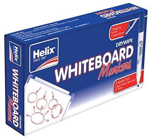 Helix Whiteboard Dry Wipe Marker Pens Chisel Tip x4 (Assorted)