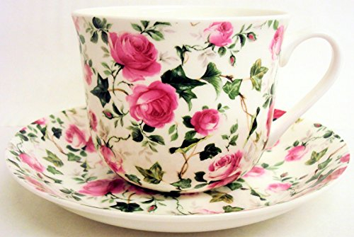 Grande tasse et soucoupe pour petit déjeuner en porcelaine Motif fleuri Décorées à la main Motif Roses et lierre