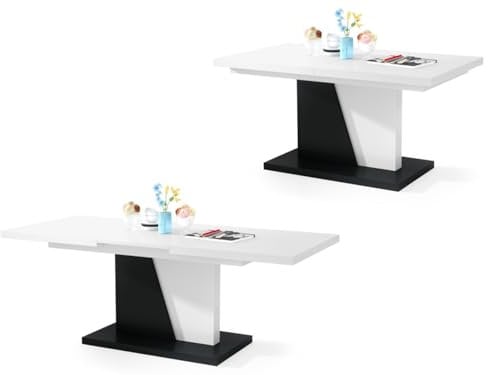 All4All Couchtisch Noel - Kaffeetisch - Wohnzimmertisch – Sofatisch mit Ablagen - Esstisch mit Einlegeplatte - ausklappbar - 120x70cm - 05 - Weiß + Schwarz