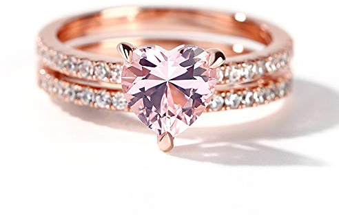 Jeulia Pink Herz Schliff Sterling Silber Ring Set aus synthetischem Morganit Damen Ringe Set mit Pink Stein Frau Freundin Schwester mit Geschenkbox und Karte (Pink, 53 (16.9))