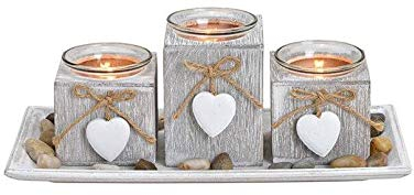 3er Set Teelichthalter mit Holz-Herz Anhänger Windlicht Landhaus Vintage Tisch-Deko Teelicht Geschenk-Idee
