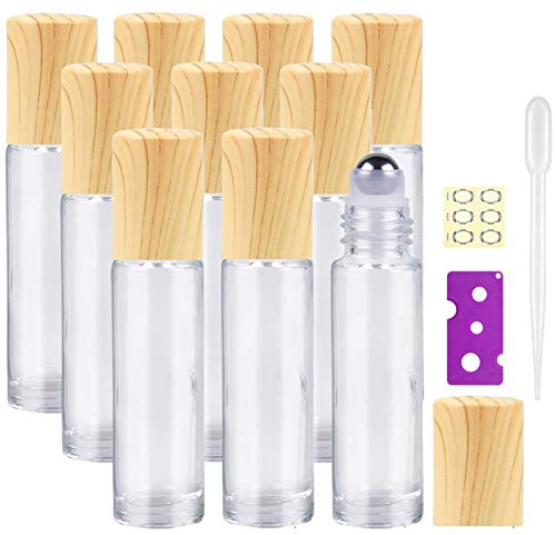 Yalbdopo 10Pcs, 10Ml Essential Oil Roller Bottles - Refillable Clear Glass Roll on Bottles with Stainless Steel Roller Ball & Wood Grain Plastic Cap, Include 12 Label, Dropper & Opener