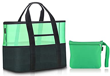 Smof Faltbare Mesh Strandtasche XXL Familie,Große Strandtasche mit 12 Taschen Tragbar Badetasche Shopper Tasche für Fitnessstudio Urlaub Sauna Sport, Weiche Einkaufstaschen-Grün