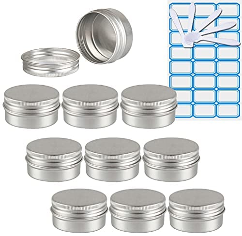 ZEOABSY Pack of 10, Empty 30ml Silver Aluminium Tins with Screw Lids Round Cosmetics Containers Pots Storage Jars for Lip Balm DIY Candle Salve Powder Crafts with 5 Spatula, 1 Labels