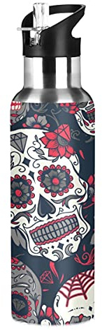 Mnsruu Bouteille d'eau isotherme en acier inoxydable avec paille Motif tête de mort et rose 590 ml