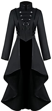 Sangdut Steampunk Jacket Halloween Costumes for Women, Female Medieval Gothic Renaissance Tailcoat Irregular Hem Outfits, Adult Retro Victorian Pirate Vampire Cosplay Uniform (Black, XL)