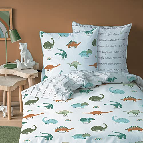 MATT & ROSE Parure de Lit Garçon 140x200 cm Dinos | 100% Coton | Oeko-TEX | Housse de Couette Enfant 140x200 cm + 1 Taie d'oreiller 63x63 cm Imprimées Réversibles | Blanc