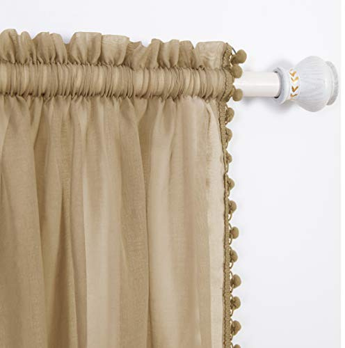 Elegant Comfort Semi-Sheer Pom Pom Tassels Curtains - 2 Panels Set - with 2inch Rod Pocket - Solid Sheer Curtain Drapes for Living Room, Bedroom, W60 X L84, Tan