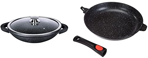 KAMBERG - Ensemble de cuisine - 2 pièces : Wok 36 cm et Poêle 32 cm - Fonte d'Aluminium - Revêtement type pierre - Tout feux dont induction - Manche Amovible - Silicone - Lavable en Machine