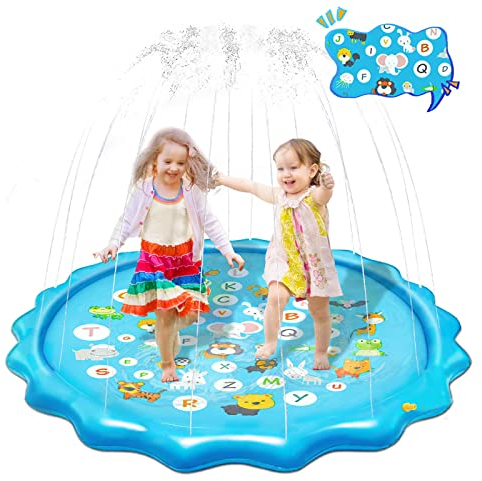 Olycism 67 Splash Pad Alfombrilla para Salpicaduras con Alfabeto y Patrón de Animales Piscina de Juego de Verano Juguetes al Aire Libre para Niños y Niñas para el jardín en Verano