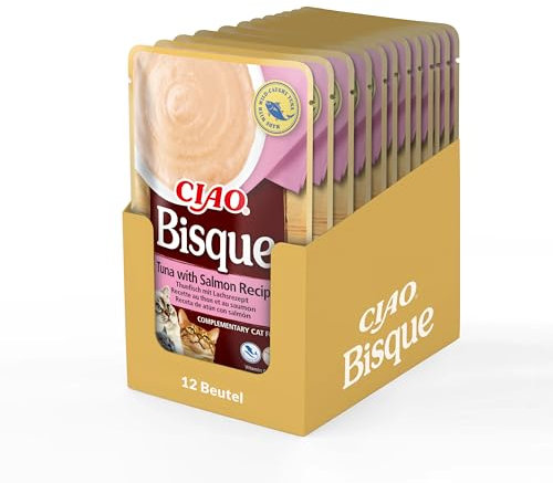 INABA Ciao Bisque Katzenfutter Nass Kalorienarm mit 30% Thunfisch | Getreidefrei, Zuckerfrei, Keine Nebenerzeugnisse, Cremige Paste und Leckere Katzensuppe aus Japan 40 g (12er Pack)