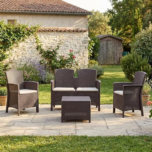 Dmora - Lounge-Set für den Außenbereich Urano, Gartenmöbel-Set mit Kissen, Sitzbereich für den Innenbereich in Rattan-Optik, 100% Made in Italy, Braun