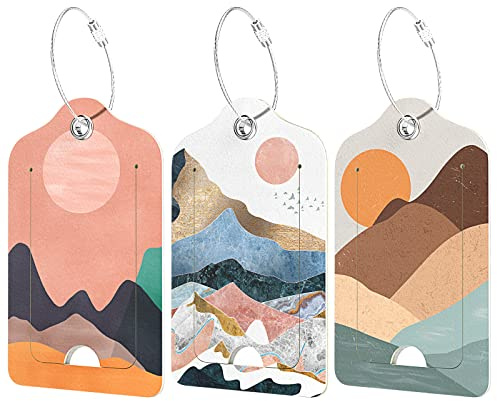 Rimilak 3 Pcs PU Leather Luggage Tags for Suitcase, Travel Cruise Luggage Tag with Privacy Flap, Name ID Label and Metal Loop for Women Men Baggage Handbag School Bag Backpack, Setting Sun