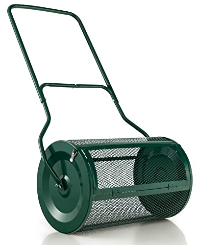 COSTWAY Spandiconcime a Rullo, Rullo da Giardino con Impugnatura Pratica Chiusure Laterali e Rete in Metallo per Concimazione e Semina, Spandiconcime per Prato e Giardino (39 x 60,5 cm Verde)