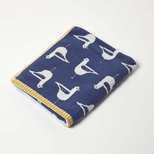 Homescapes Frottee-Handtuch mit Möwen-Muster 50x85 cm, Baumwoll-Handtuch blau, Jacquard-Handtuch mit Kontrastsaum