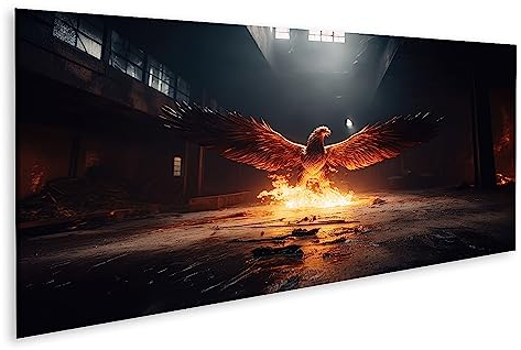 islandburner Bild auf Leinwand Brillante Feuer Phoenix Vorwärts Fliegen Durch Brutalist Umwelt Funken Luft Feue Bilder Wandbilder Poster JCGI-Pano