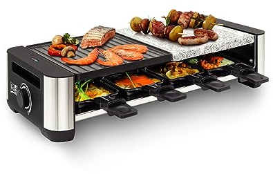 FRITEL RSG 3280 Raclette Steingrill - 2 in 1 Backblech - Steingrill und Raclette-Funktion - Wendegrillplatte - 8 Pfännchen und Spatel - 2 bis 8 Personen