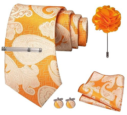 JEMYGINS Herren gestreifte bestickte Hochzeits Krawatte mit passendem Einstecktuch und Krawattenklammer Set,Orange-Ziegel-Muster, weißes Paisley