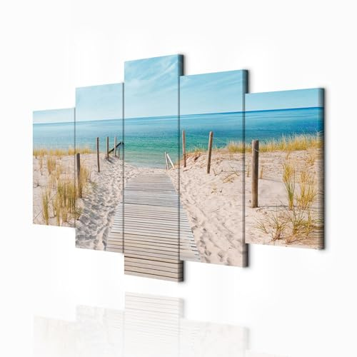 decomonkey Impression sur Toile Plage Paysage Mer 150x75 5 Pièces Maison | Tableau decoration murale, Cadre en Bois, Déco Salon, Peinture sur Toile, Paysage mer nature paysage sable plage l'eau