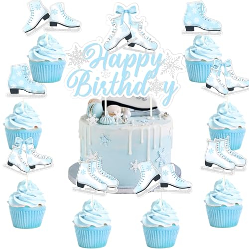 Kreatwow Winter Birthday Cupcake Toppers Ice Skating Birthday Party Supplies Silver Blue Snowflake Cake Topper Decorations Table Decor Roller Skates Topper Kit Winter Onederland Birthday for Girl