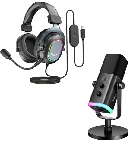 FIFINE XLR Streaming Mikrofon und USB Gaming Headset, Microphone mit Mikrofonständer und Over Ear Kopfhörer mit Kabel, für Podcast Streaming Studio MacOS Windows PS4 PS5 (AM8+H6)