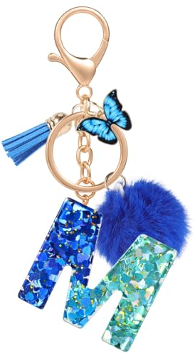 MWOOT Name Buchstabe M Schlüsselanhänger, Blau Schlüsselband für Damen, Harz Schlüsselringe für Tür Auto Schlüssel Handtaschen Deko