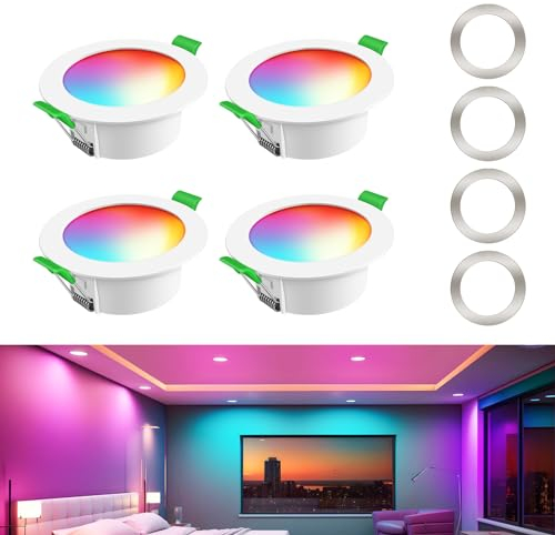 ALUSSO LED Einbaustrahler 230V Alexa,WIFI GRB LED Spot 230V,6W 3000K-6500K Dimmbar IP54, Spots Deckenleuchte Bunt,LED Deckenspots Farbig APP Steuerung,4er Set(1 Wifi&3 Bluetooth)