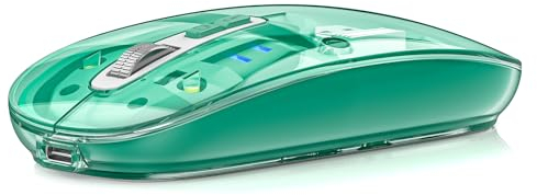 Uiosmuph M133 Mouse Wireless Ricaricabile Bluetooth, Tre Modalità (BT 5.1/5.1+2.4G) Con Ricevitore USB e Tipo-C, Trasparente, Livello Della Batteria Visibile, Verde Scuro