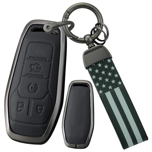 ontto Porte-clés de voiture pour Ford à 4 boutons 2013-2017 - Coque en métal et cuir compatible avec Ford F150 Fusion Mustang Edge Explorer Accessoires de voiture - Noir