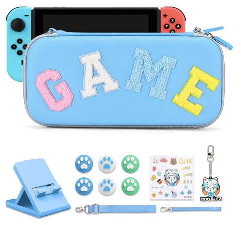 innoAura Switch Tasche für NS Switch, 16-in-1 Switch-Zubehörset mit Switch Hülle, Switch-Spielehülle, Switch-Schutzhülle, Switch-Ständer, Switch Joystick Kappen(Blau-graue Spleißung)