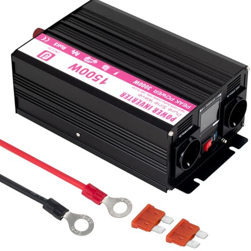 CNCEJIA 1500W Wechselrichter 12v auf 230v Spannungswandler Reiner Sinus Wechselrichter mit USB Anschlüsse und LCD Bildschirm für Haushaltsgeräte Auto Wohnmobil
