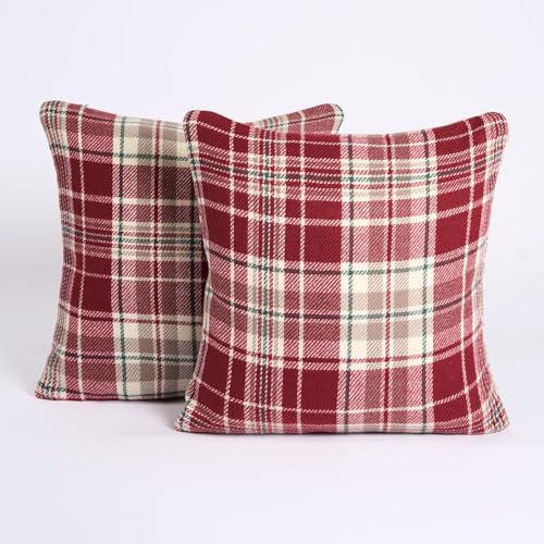 OHS Dorset Kissenbezüge 45 x 45 cm, gewebt, kariert, rot, Kissenbezüge für Innenpolster, Sofakissen, Überwurfkissen, bequem, weich, dekorativ, Wohnzimmer, Schlafzimmer, 2 Stück